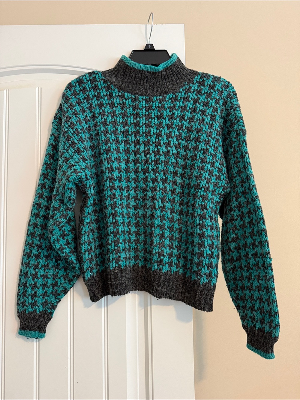 REVOLVE Teal and Charcoal Houndstooth Mock Neck Sweater